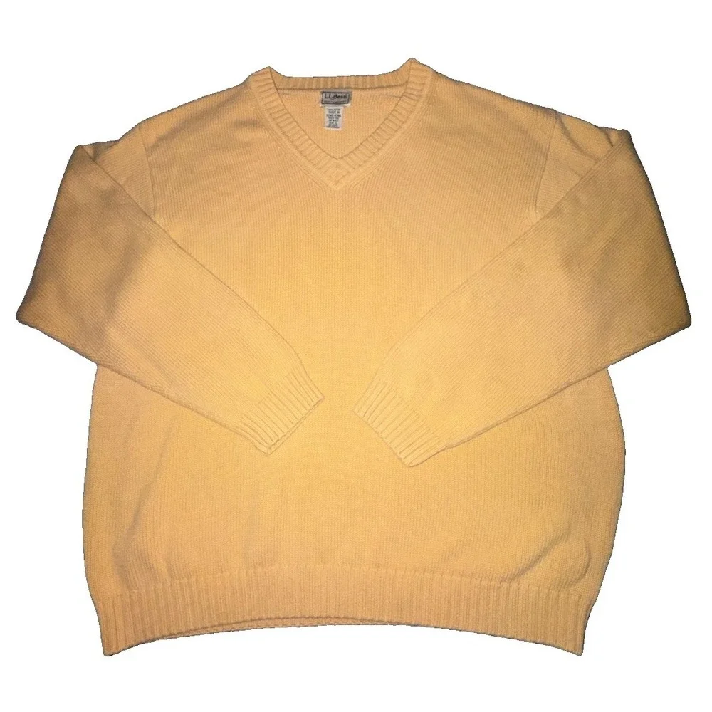 VTG LL Bean V-Neck Sweater Mens L Yellow Cotton Knit Long Sleeve Classic 0FW82